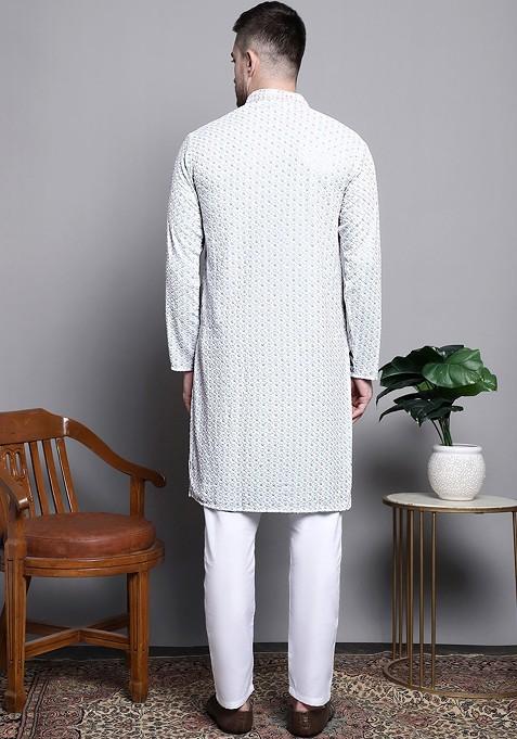 Blue Embroidered Poly Blend Kurta Set For Men