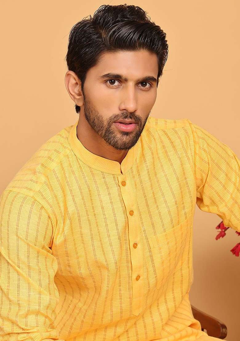 Yellow Printed Poly Blend Kurta Set For Men - Indya