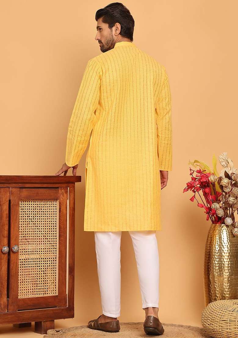 Yellow Printed Poly Blend Kurta Set For Men - Indya