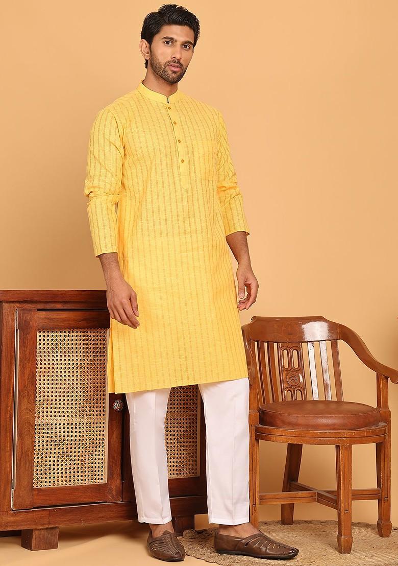 Yellow Printed Poly Blend Kurta Set For Men