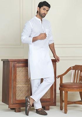 White Embroidered Poly Blend Kurta Set For Men