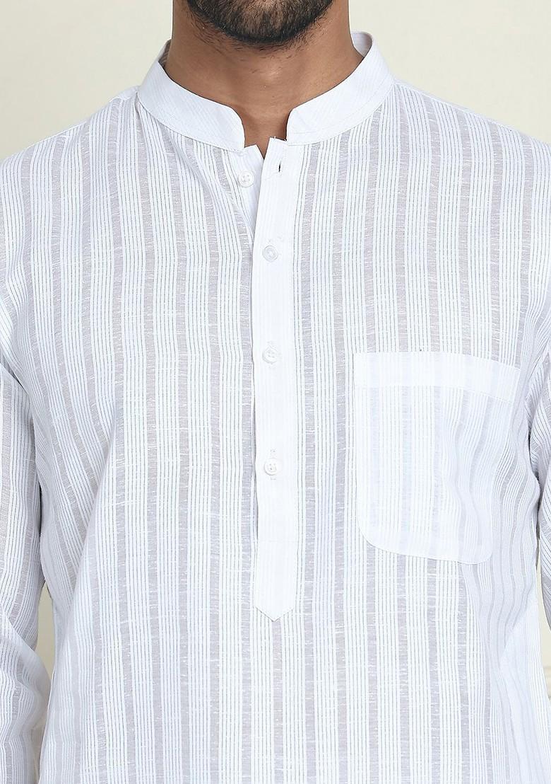 White Embroidered Poly Blend Kurta Set For Men