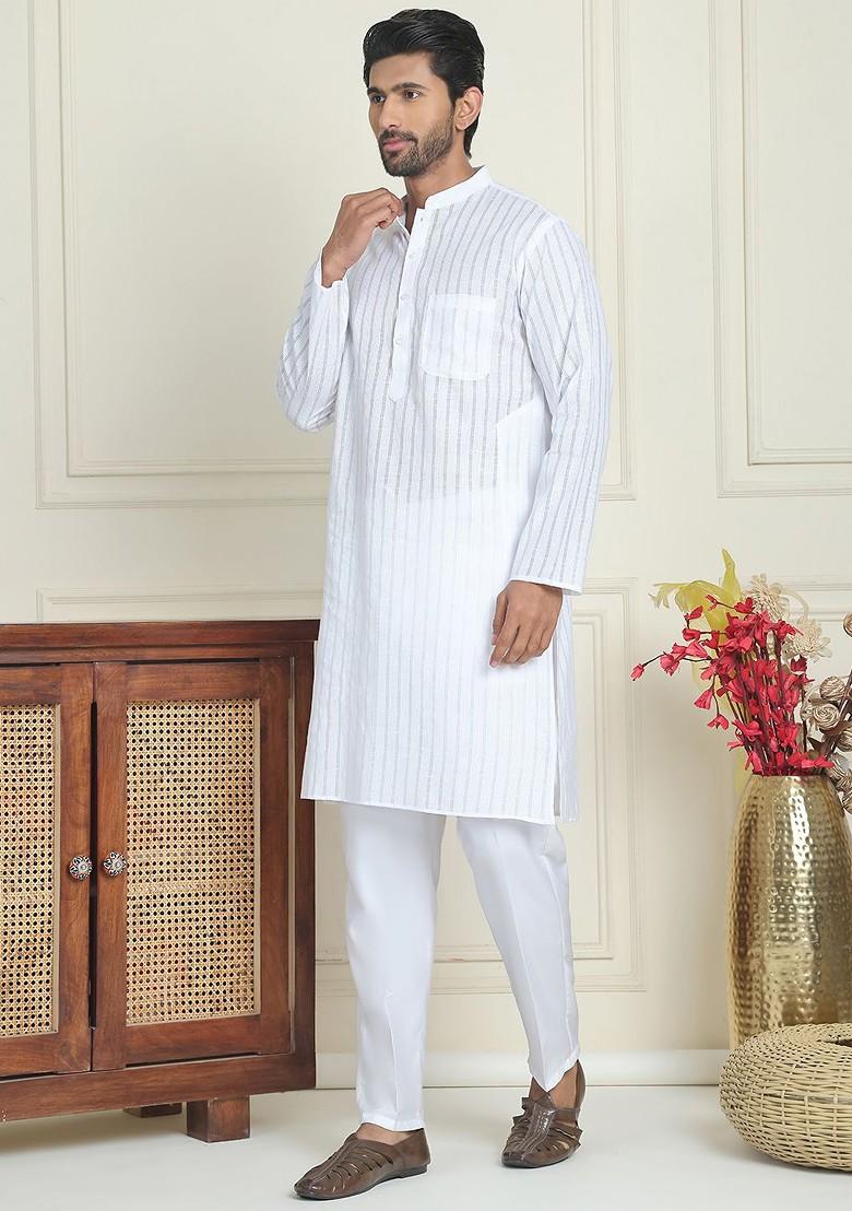 White Embroidered Poly Blend Kurta Set For Men
