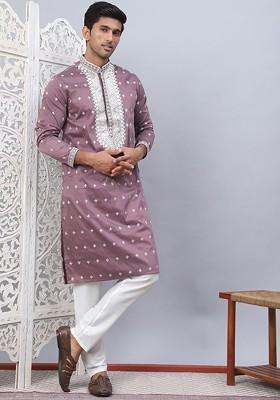 Purple Embroidered Poly Blend Kurta Set For Men