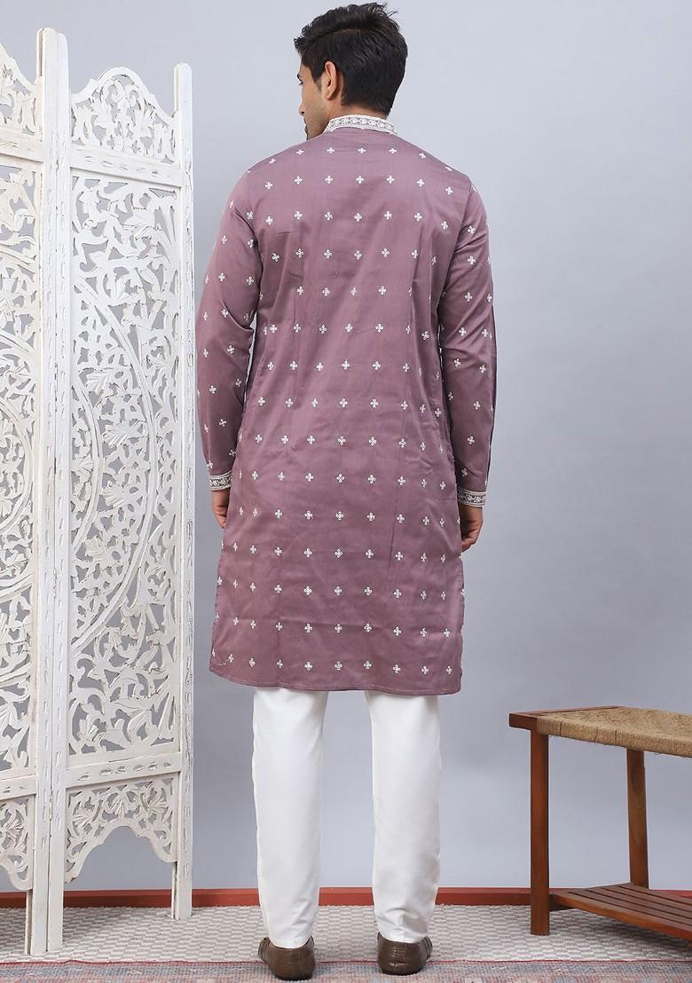 Purple Embroidered Poly Blend Kurta Set For Men