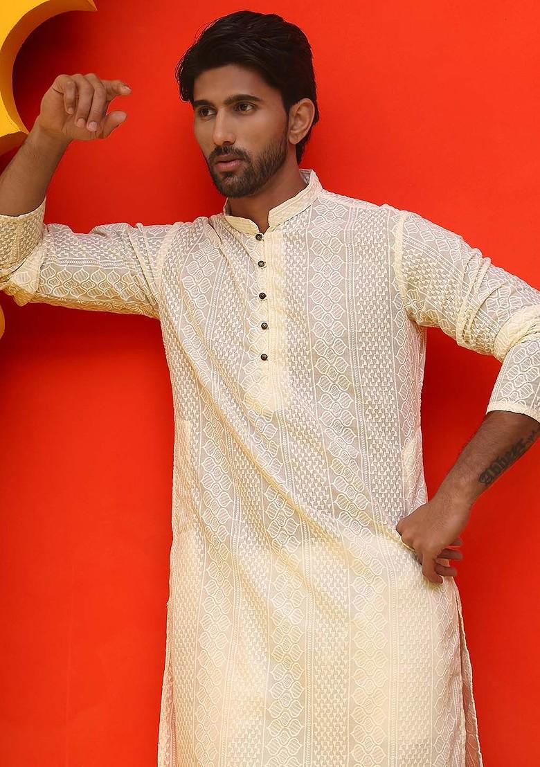Cream Embroidered Poly Blend Kurta Set For Men
