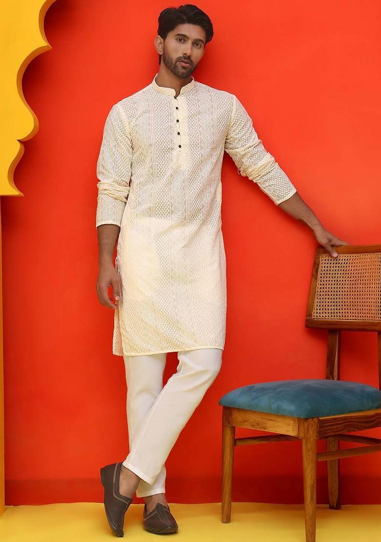 Cream Embroidered Poly Blend Kurta Set For Men