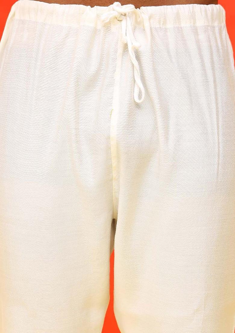 Cream Embroidered Poly Blend Kurta Set For Men