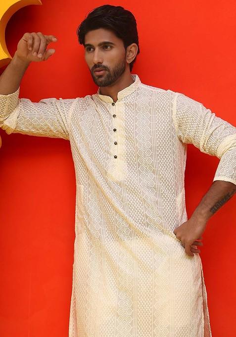 Cream Embroidered Poly Blend Kurta Set For Men