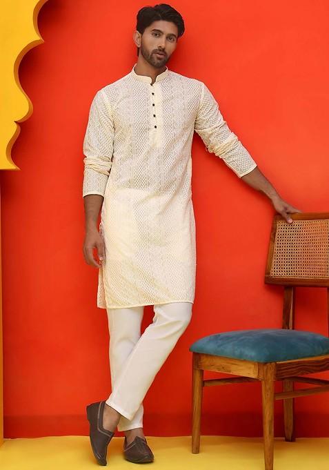 Cream Embroidered Poly Blend Kurta Set For Men