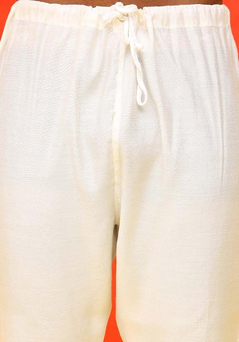 Cream Embroidered Poly Blend Kurta Set For Men