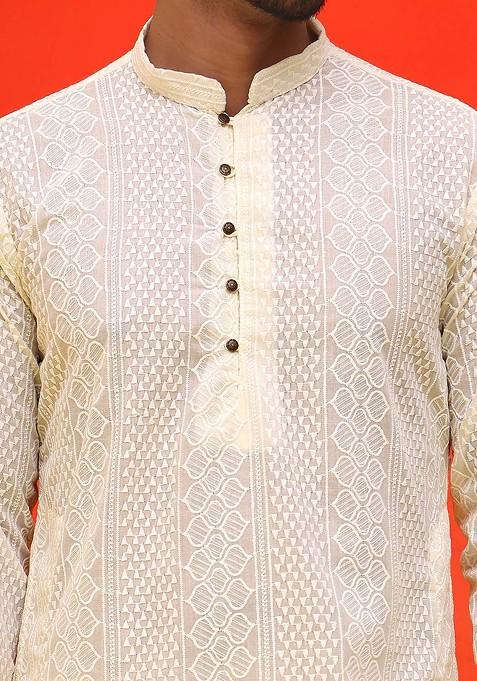 Cream Embroidered Poly Blend Kurta Set For Men
