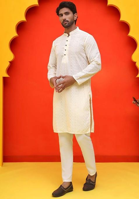 Cream Embroidered Poly Blend Kurta Set For Men