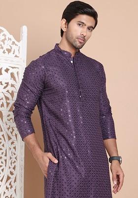 Purple Embroidered Poly Blend Kurta Set For Men