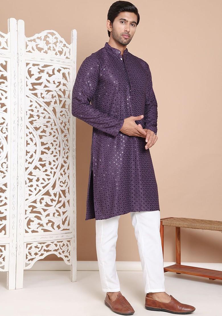 Purple Embroidered Poly Blend Kurta Set For Men