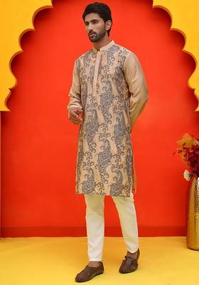 Beige Embroidered Poly Blend Kurta Set For Men