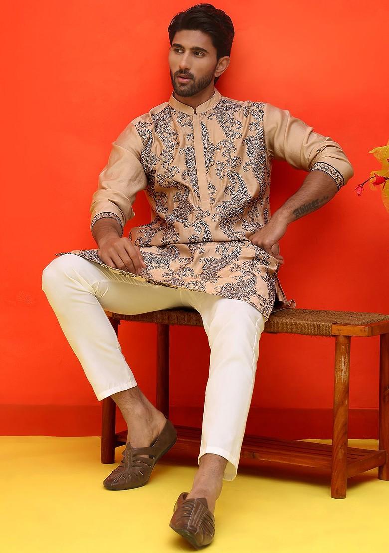 Beige Embroidered Poly Blend Kurta Set For Men