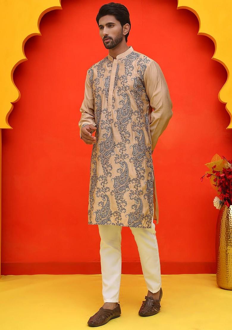 Beige Embroidered Poly Blend Kurta Set For Men