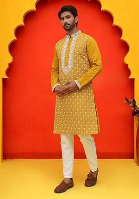 Mustard Yellow Embroidered Poly Blend Kurta Set For Men