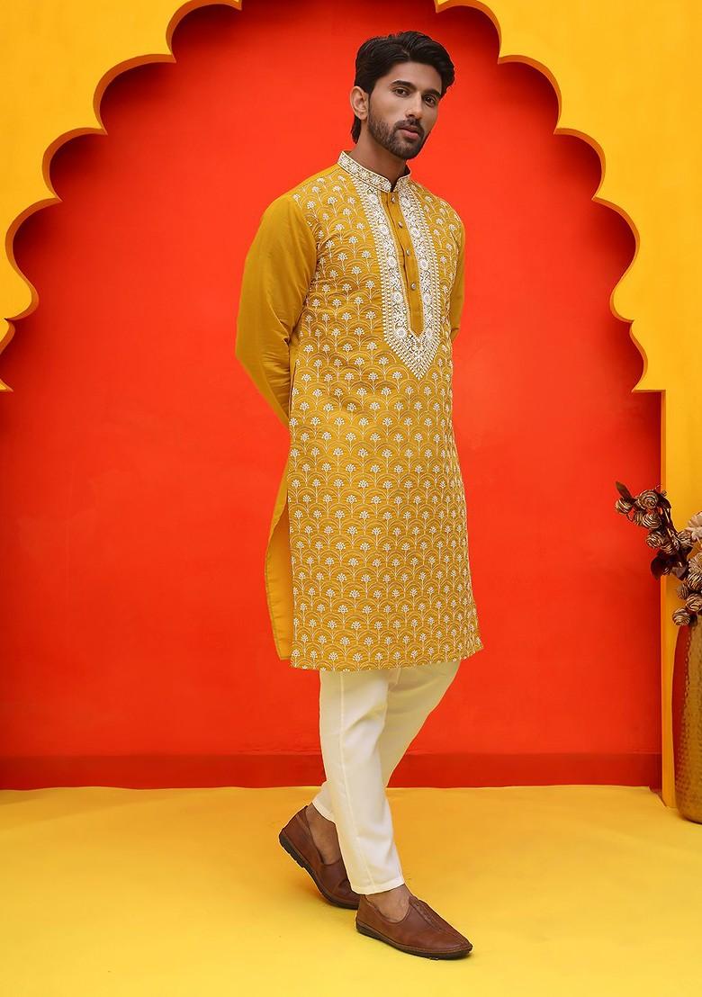 Mustard Yellow Embroidered Poly Blend Kurta Set For Men