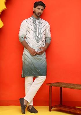 Grey Embroidered Poly Blend Kurta Set For Men
