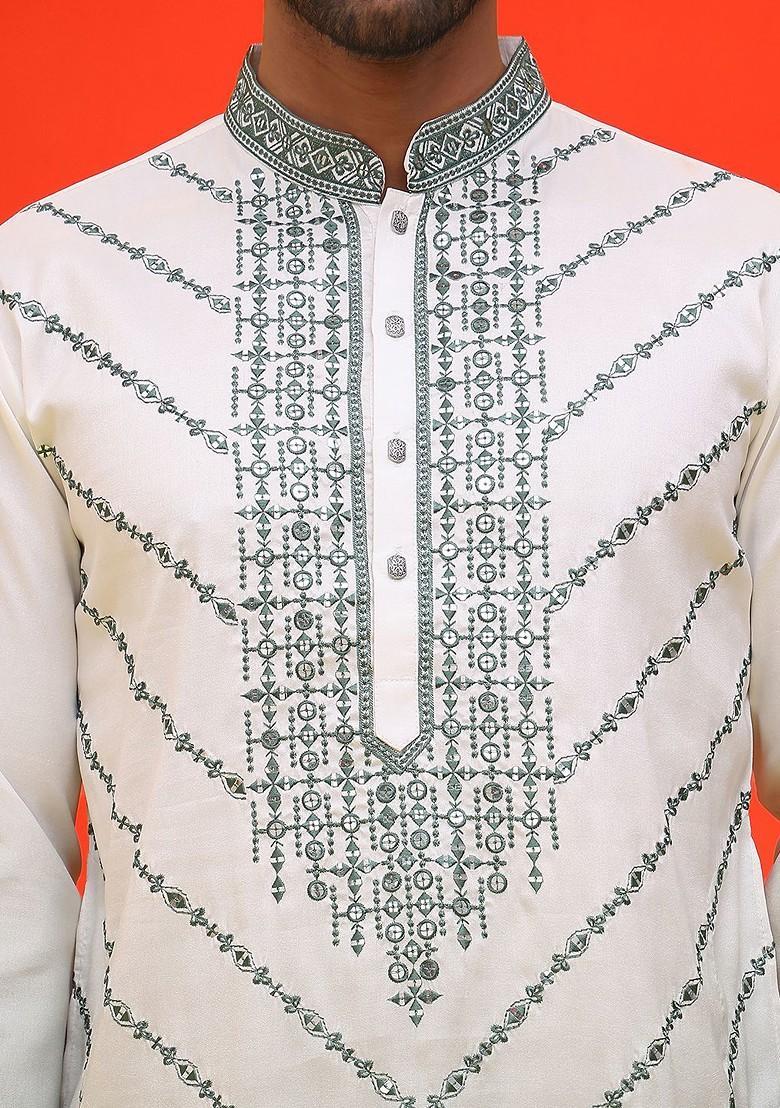 Grey Embroidered Poly Blend Kurta Set For Men