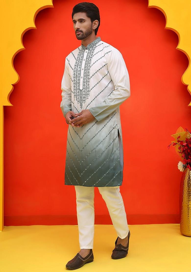 Grey Embroidered Poly Blend Kurta Set For Men