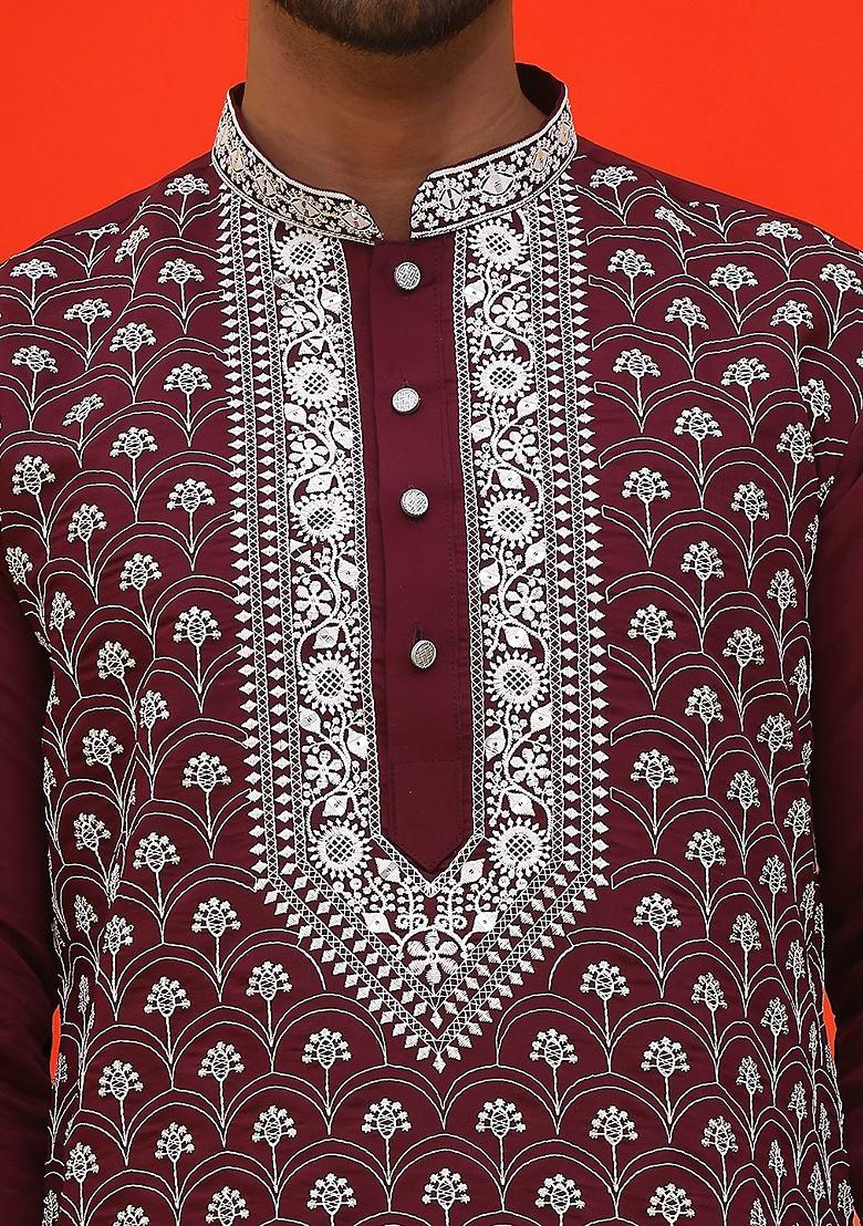 Purple Embroidered Poly Blend Kurta Set For Men