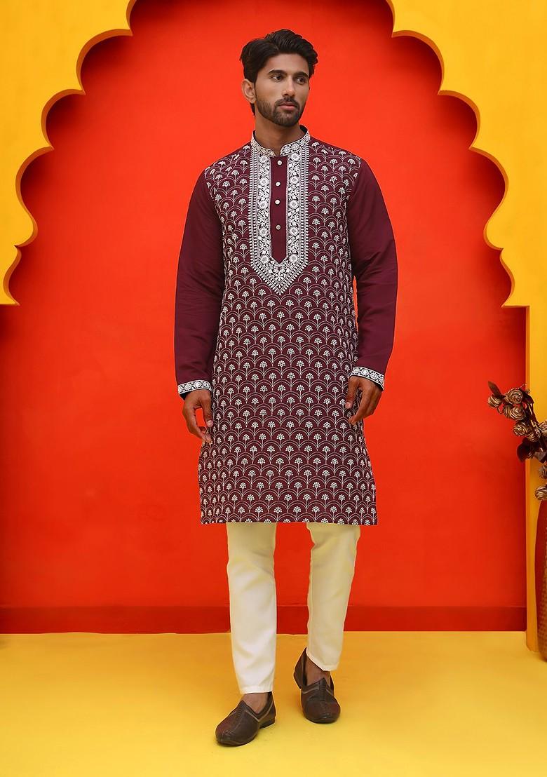 Purple Embroidered Poly Blend Kurta Set For Men