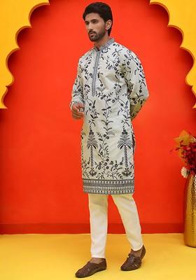 Silver Embroidered Poly Blend Kurta Set For Men