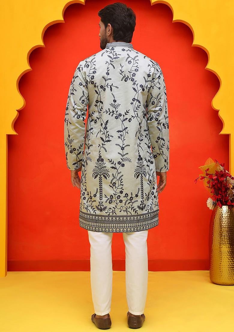 Silver Embroidered Poly Blend Kurta Set For Men