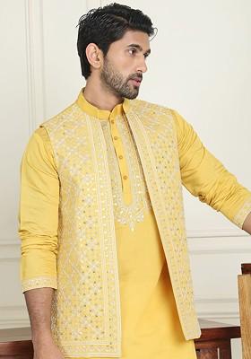 Mustard Yellow Embroidered Poly Blend Kurta Set For Men
