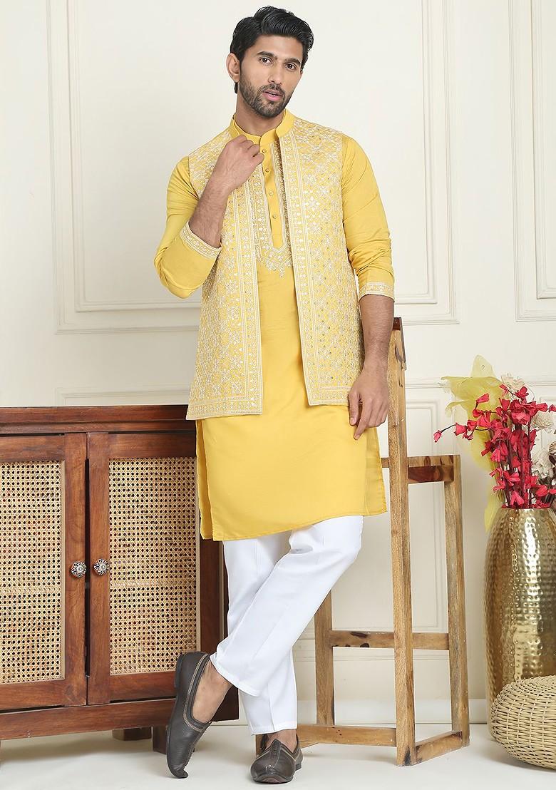 Mustard Yellow Embroidered Poly Blend Kurta Set For Men