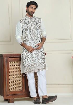 White Embroidered Poly Blend Kurta Set For Men