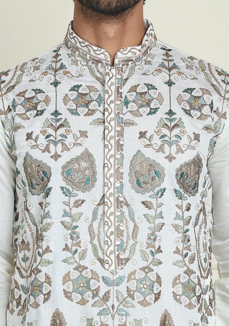 White Embroidered Poly Blend Kurta Set For Men