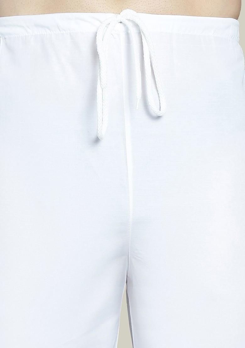 White Embroidered Poly Blend Kurta Set For Men
