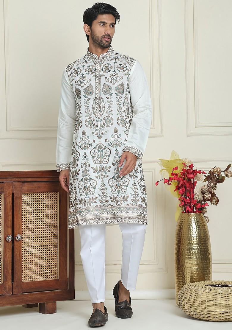 White Embroidered Poly Blend Kurta Set For Men