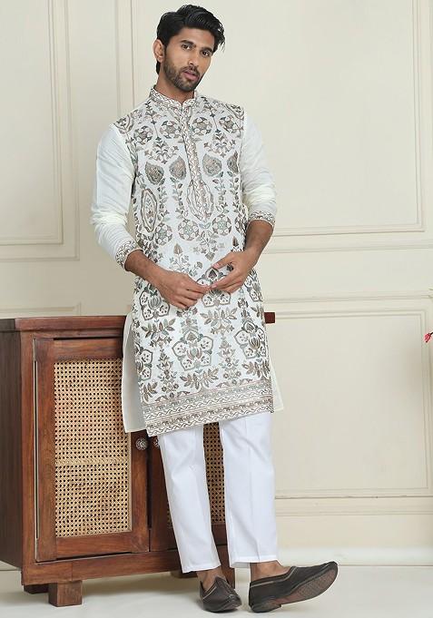 White Embroidered Poly Blend Kurta Set For Men