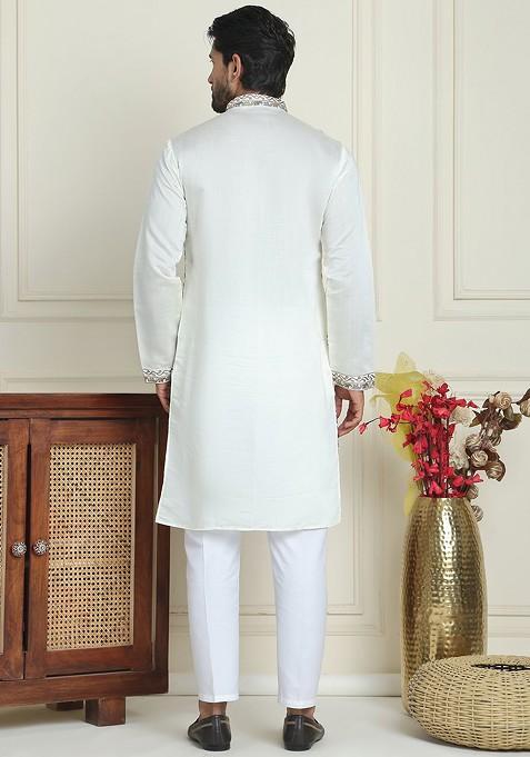 White Embroidered Poly Blend Kurta Set For Men