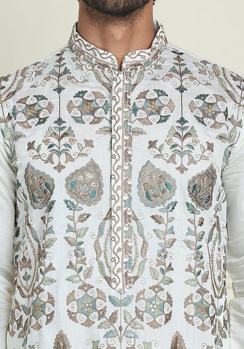 White Embroidered Poly Blend Kurta Set For Men