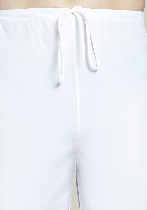 White Embroidered Poly Blend Kurta Set For Men