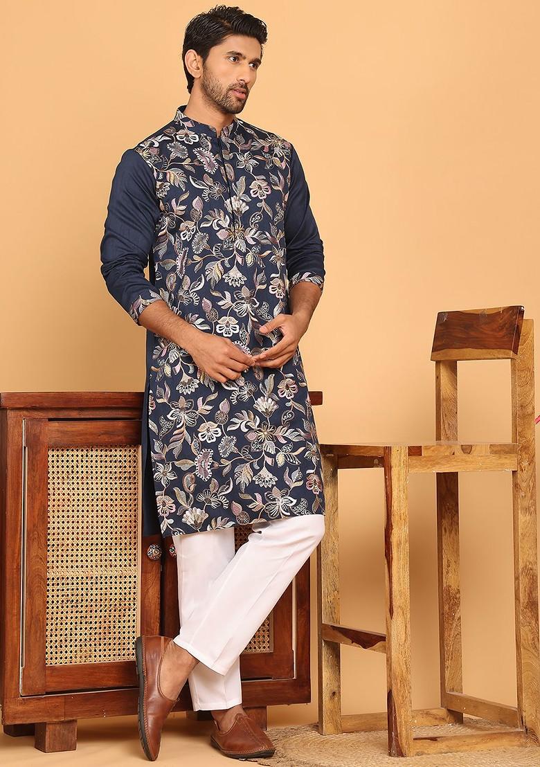 Navy Blue Embroidered Poly Blend Kurta Set For Men