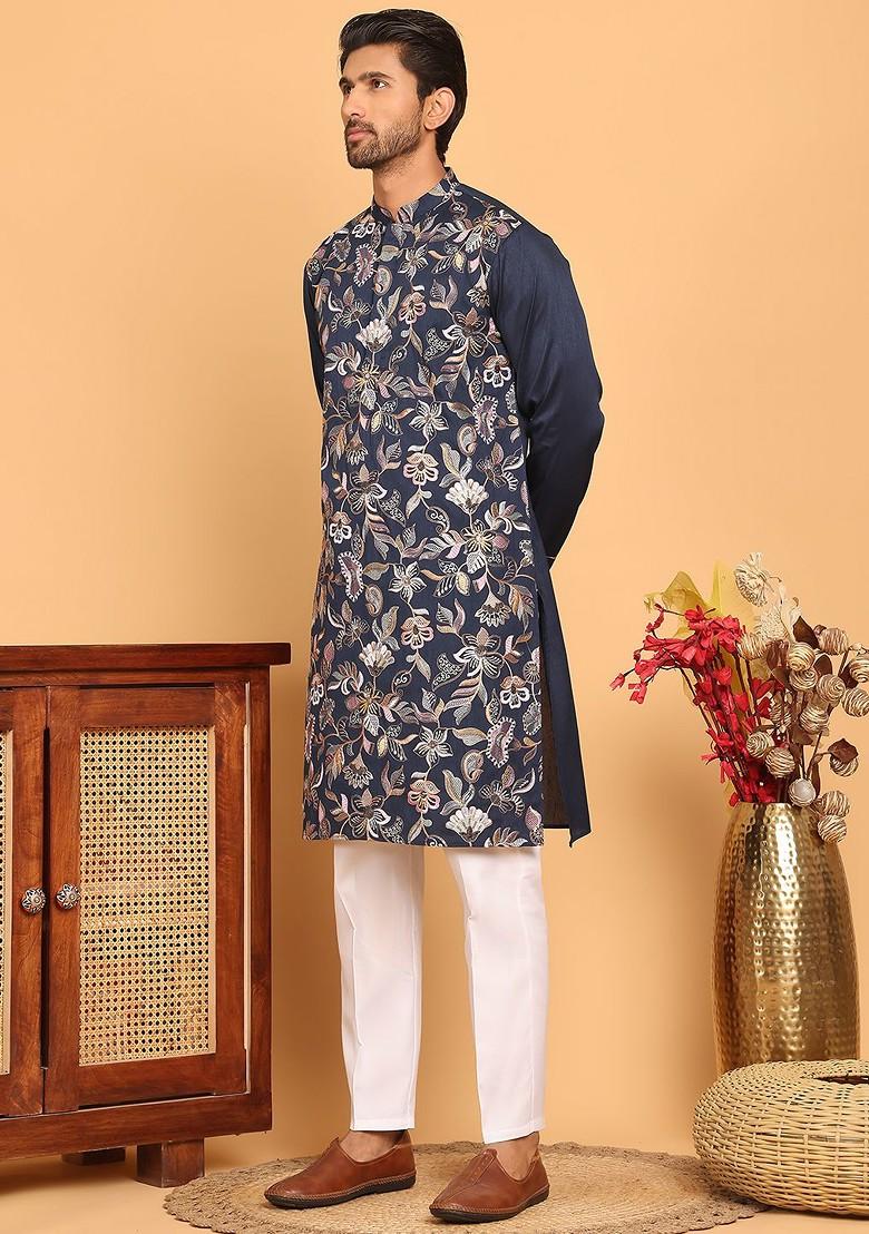 Navy Blue Embroidered Poly Blend Kurta Set For Men