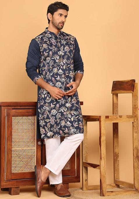 Navy Blue Embroidered Poly Blend Kurta Set For Men