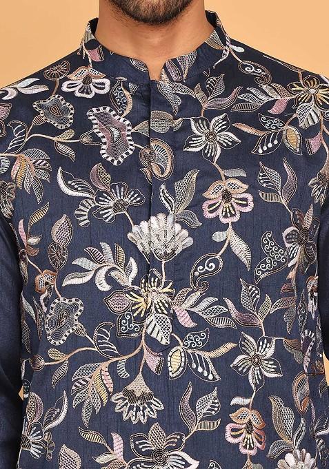 Navy Blue Embroidered Poly Blend Kurta Set For Men