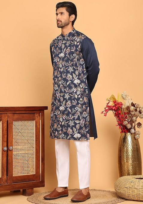 Navy Blue Embroidered Poly Blend Kurta Set For Men