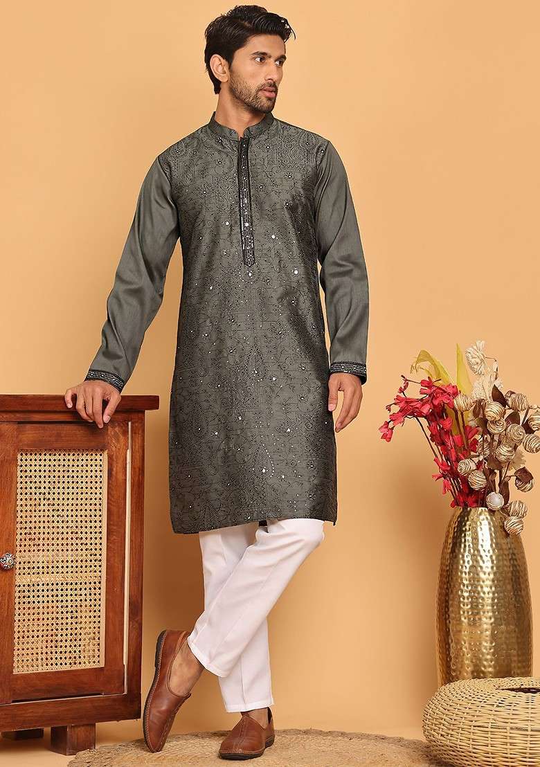 Grey Embroidered Poly Blend Kurta Set For Men - Indya
