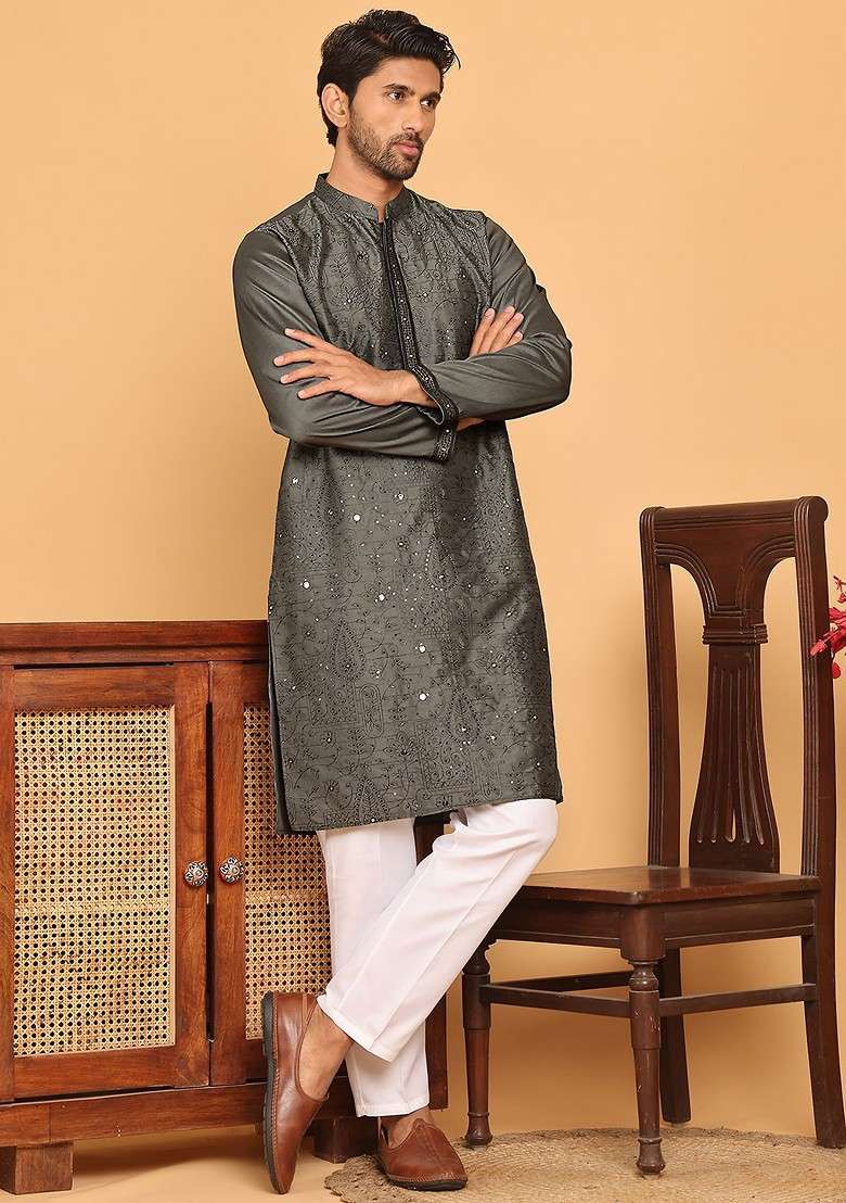 Grey Embroidered Poly Blend Kurta Set For Men - Indya