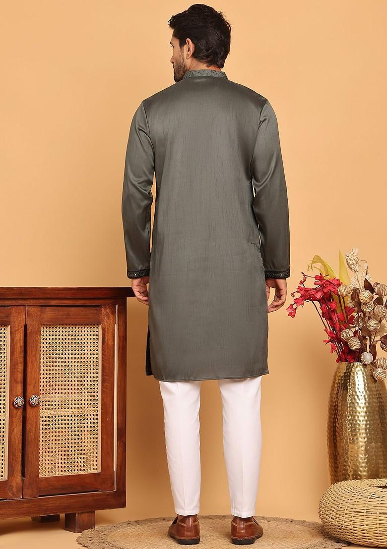 Grey Embroidered Poly Blend Kurta Set For Men