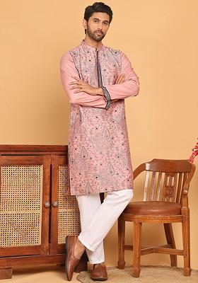 Magenta Embroidered Poly Blend Kurta Set For Men